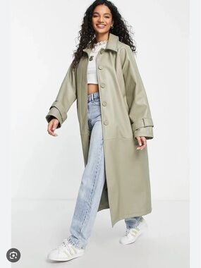 ASOS Vegan Leather Trench Coat in Sage Green